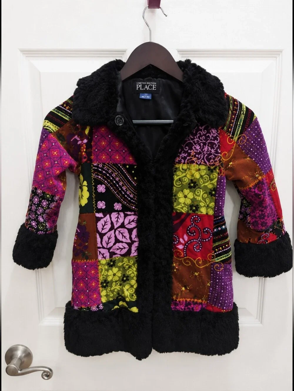 The Childrens Place Patchwork Faux Fur Trim Girls Coat Sz Sm (5/6)